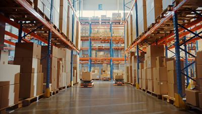 A large warehouse featuring high shelves stacked with cardboard boxes and a clear central aisle. Natural light filters in through high windows.